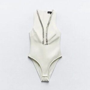 Zara White Bodysuit with Silver Accent Trim